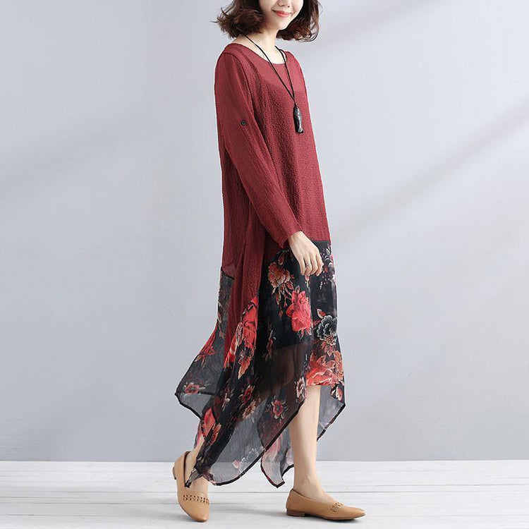 bohemian style maxi dresses Elegant Irregular Women Chiffon Linen Loose Floral Casual Splicing Red Dress - Omychic