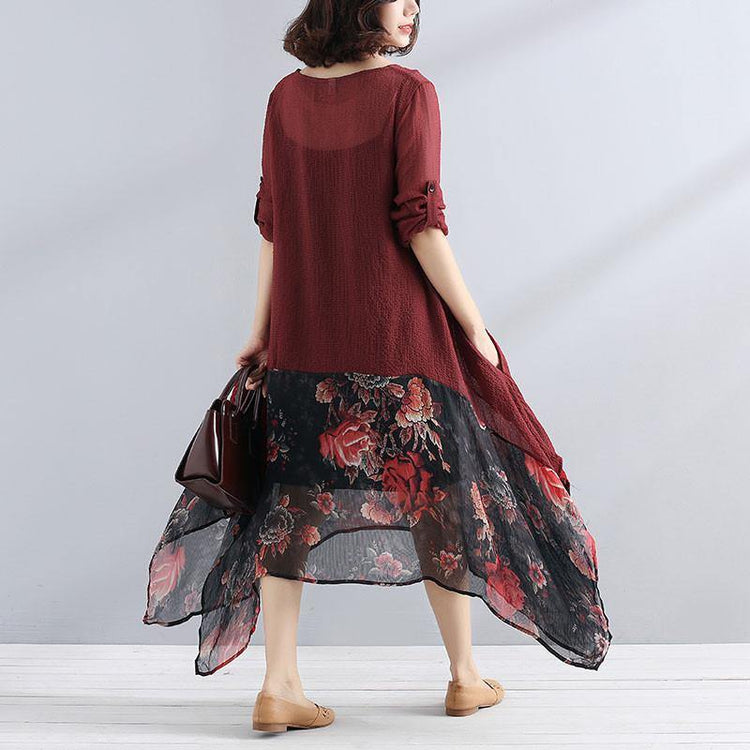 bohemian style maxi dresses Elegant Irregular Women Chiffon Linen Loose Floral Casual Splicing Red Dress - Omychic