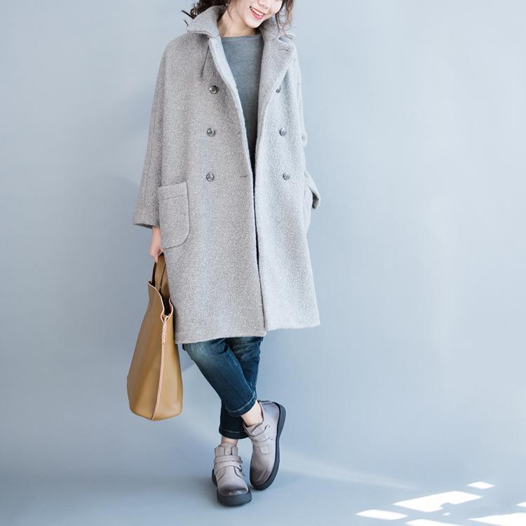 boutique light gray woolen coat plus size winter clothing big pockets long coat Elegant double breast Coats - Omychic