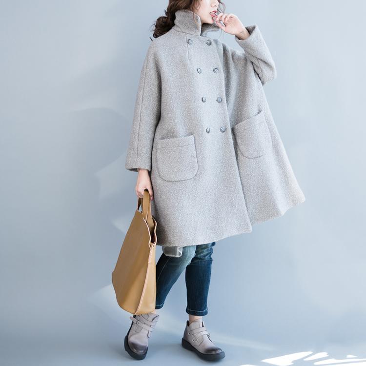 boutique light gray woolen coat plus size winter clothing big pockets long coat Elegant double breast Coats - Omychic