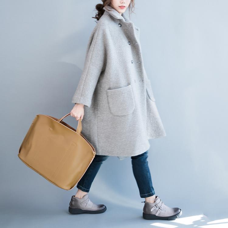 boutique light gray woolen coat plus size winter clothing big pockets long coat Elegant double breast Coats - Omychic