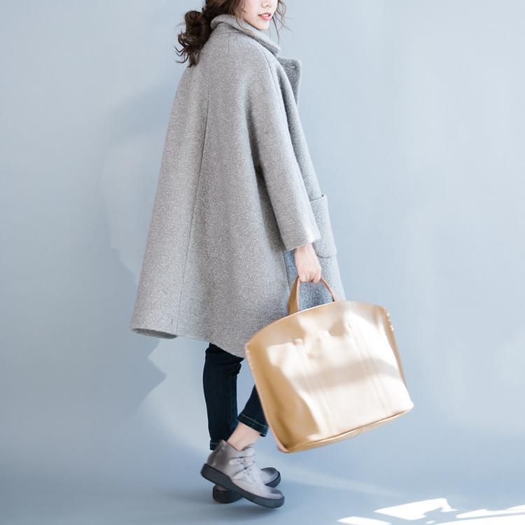 boutique light gray woolen coat plus size winter clothing big pockets long coat Elegant double breast Coats - Omychic