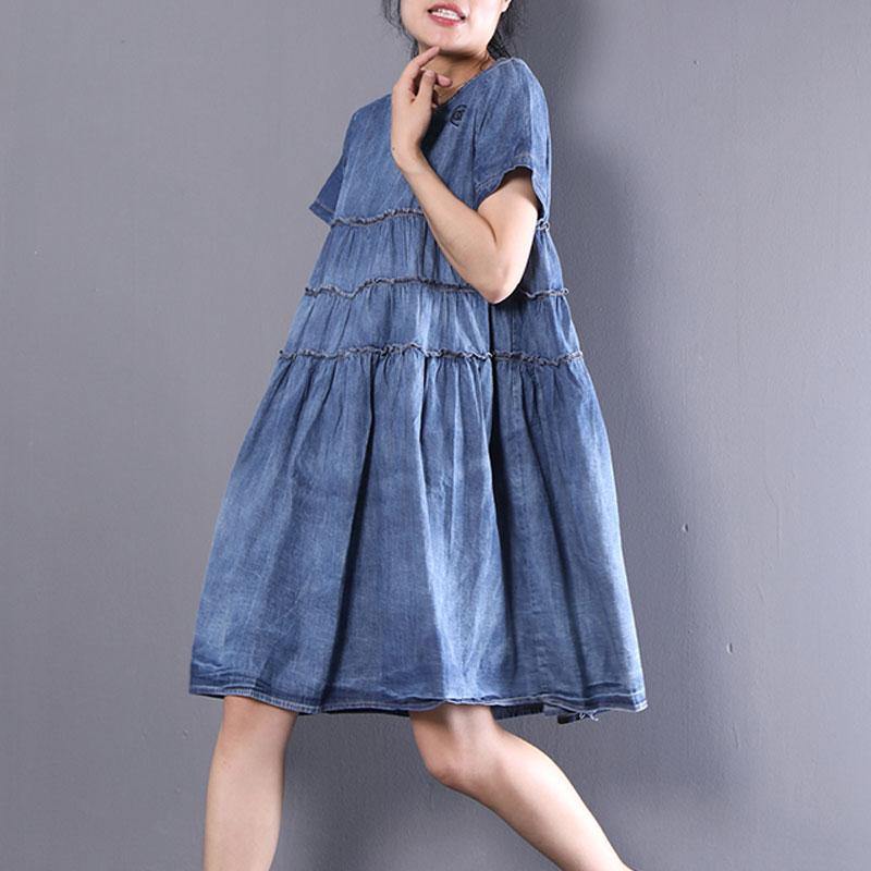 boutique Midi-length cotton dress oversize Women Casual Round Neck Short Denim Pleated Dress - Omychic