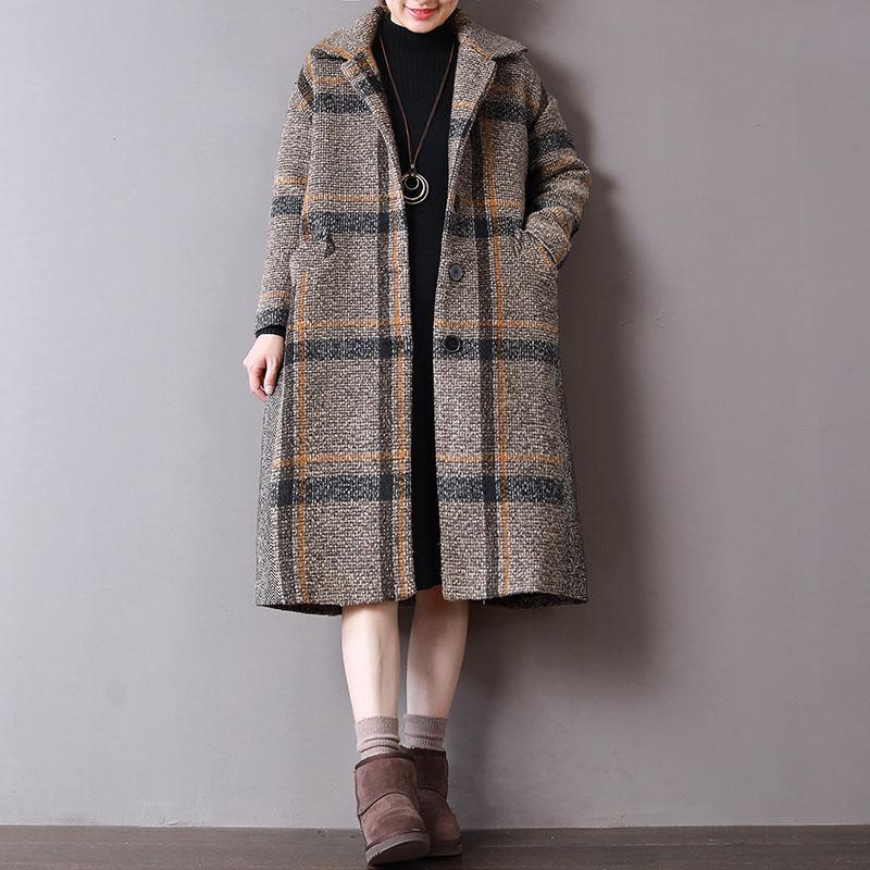 boutique Plaid woolen coats plus size clothing winter Turn-down Collar outwear Button Down long coat - Omychic