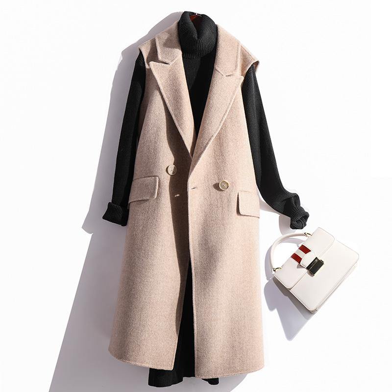 boutique beige Woolen Coats Women plus size clothing medium length coat fall outwear sleeveless - Omychic