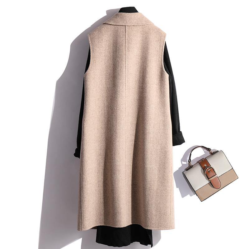 boutique beige Woolen Coats Women plus size clothing medium length coat fall outwear sleeveless - Omychic