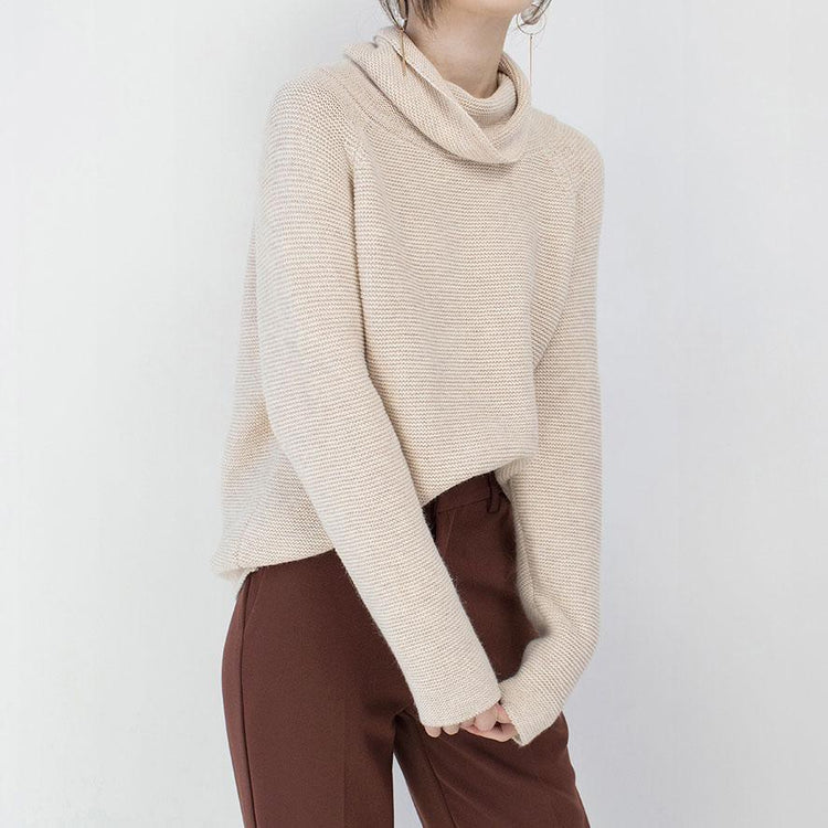 boutique beige sweaters oversize high neck knitted tops Fine baggy fall blouse - Omychic