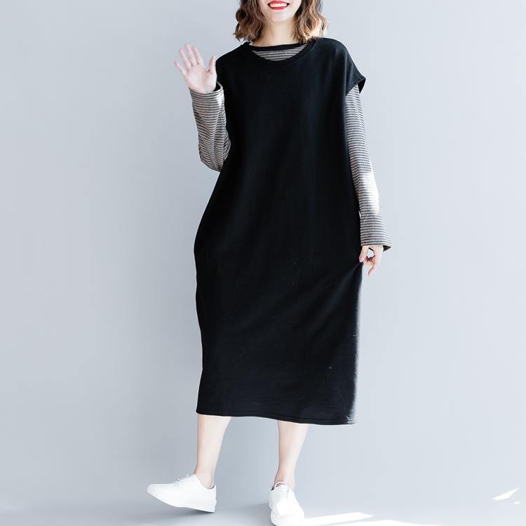 boutique black cotton dresses trendy plus size casual dress sleeveless casual o neck cotton dress - Omychic