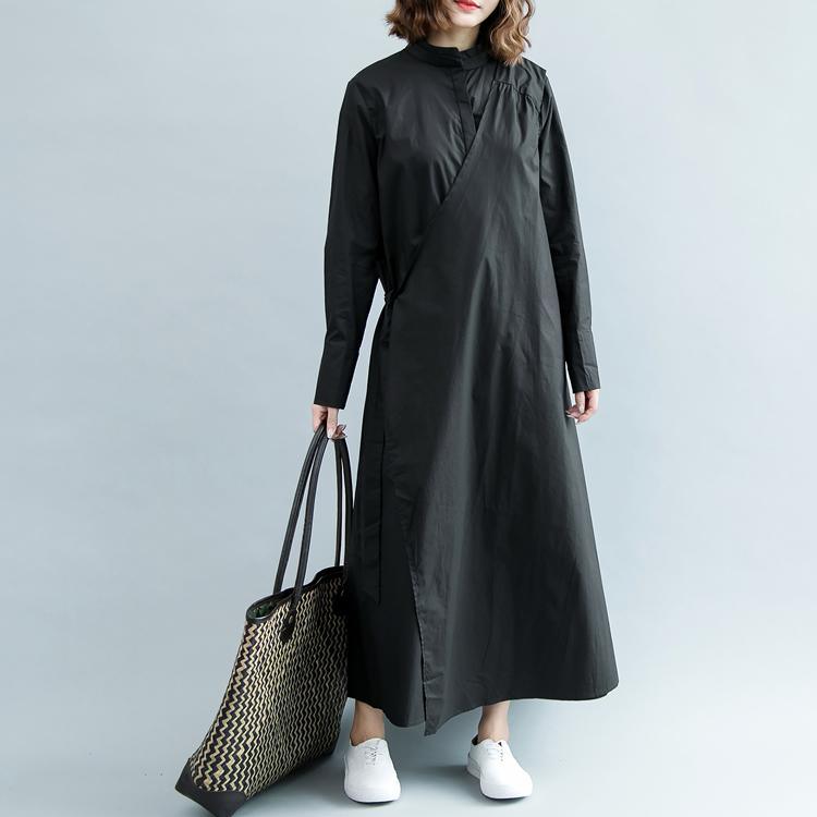 boutique black cotton maxi dress oversize Stand traveling dress women long sleeve tie waist cotton dresses - Omychic
