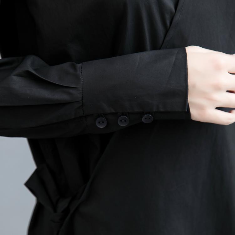 boutique black cotton maxi dress oversize Stand traveling dress women long sleeve tie waist cotton dresses - Omychic