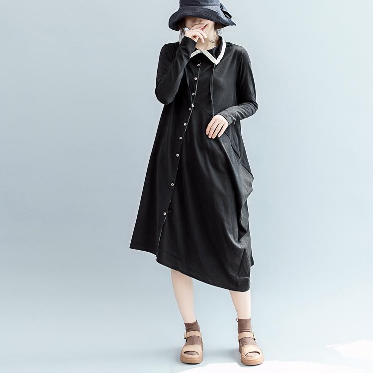 boutique black fall dress casual Turn-down Collar pockets gown Elegant long sleeve asymmetric cotton dresses - Omychic