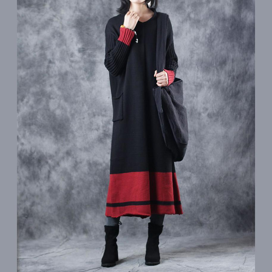 boutique black knit dresses plus size v neck pullover sweater boutique patchwork winter dress - Omychic