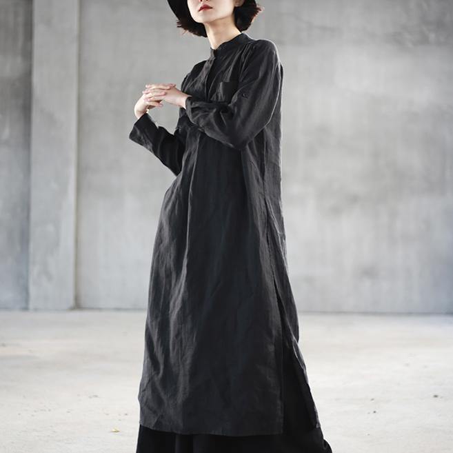boutique black long linen dresses trendy plus size stand collar linen gown top quality side open linen caftans - Omychic