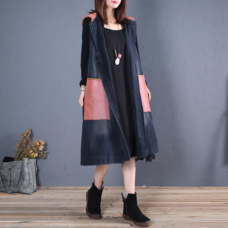 boutique black patchwork hooded jackets plus size trench coat fall sleeveless - Omychic