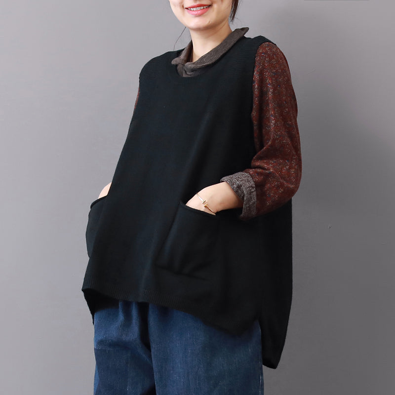 Boutique Black Sweaters Plus Size Big Pockets Sleeveless Shirt