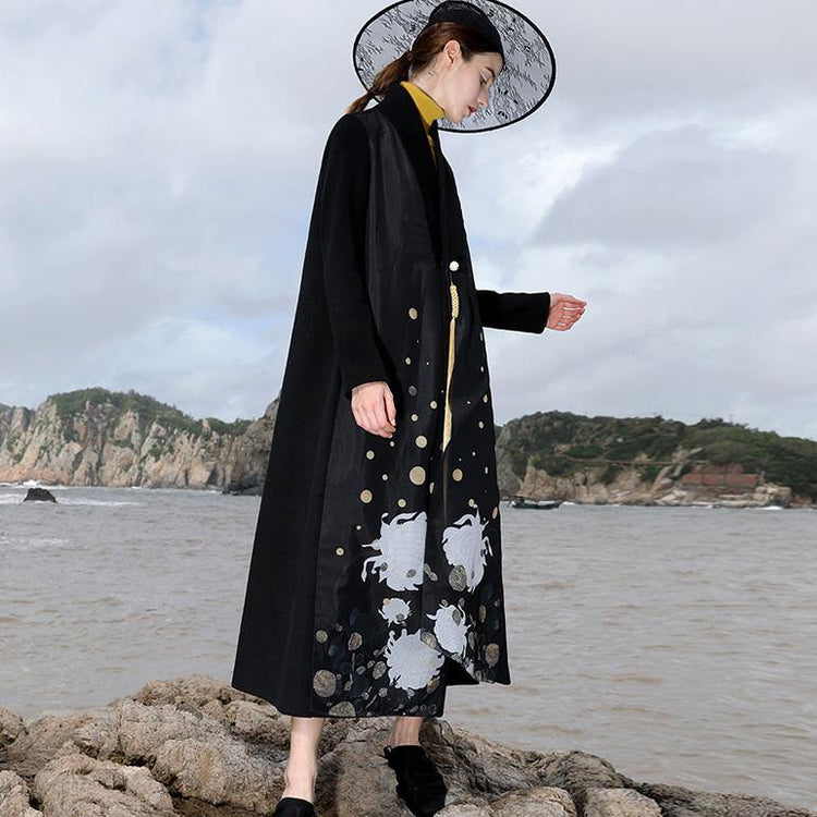 boutique black wool coat oversized maxi coat V neck side open jacket embroider long coats - Omychic