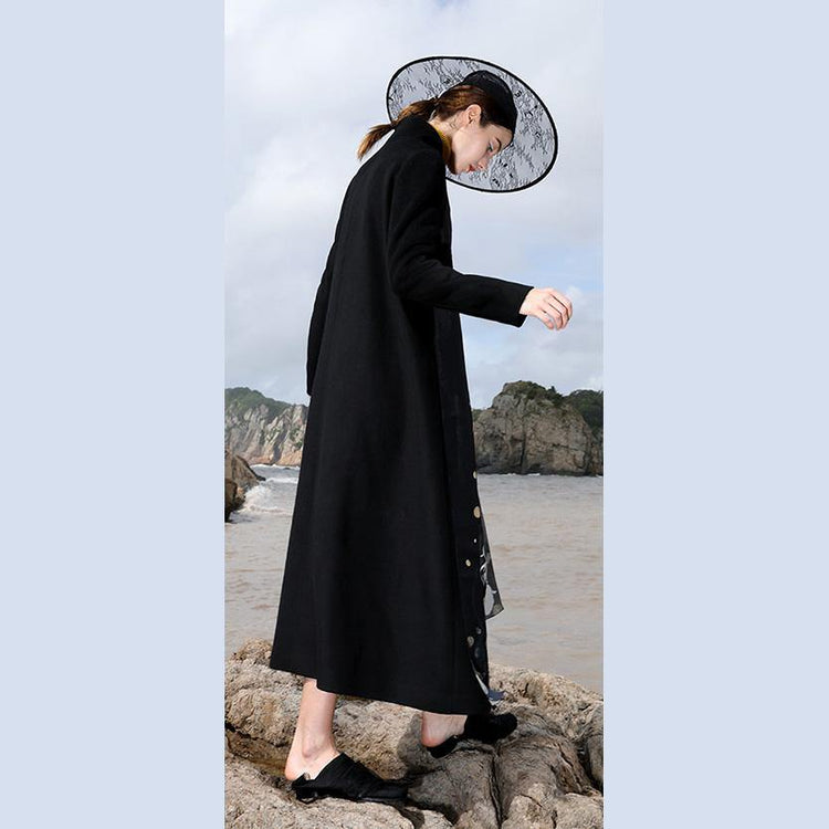 boutique black wool coat oversized maxi coat V neck side open jacket embroider long coats - Omychic