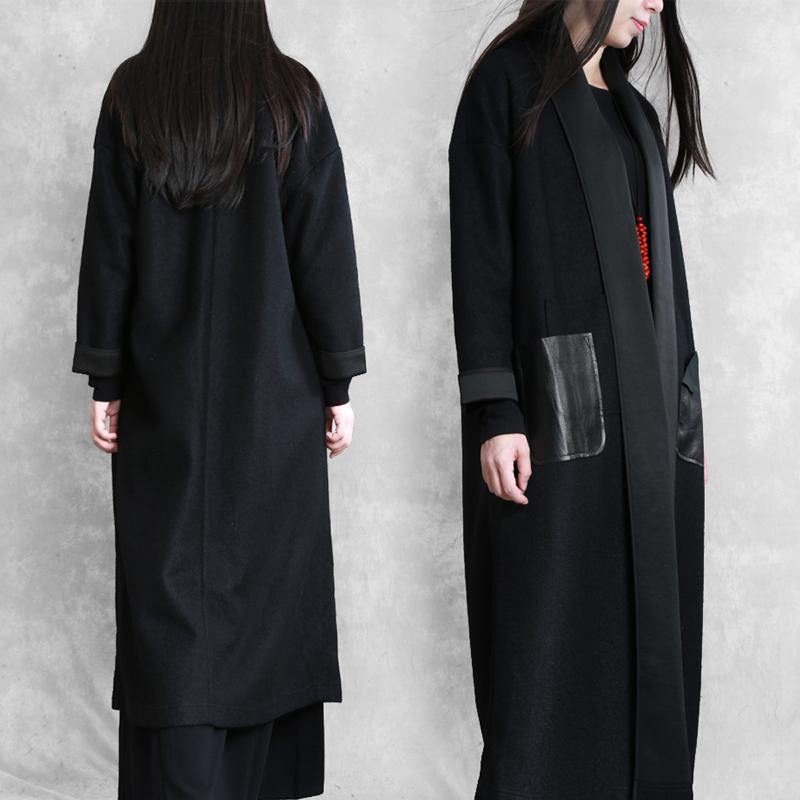 boutique black woolen outwear plus size long winter coat winter woolen slim outwear - Omychic