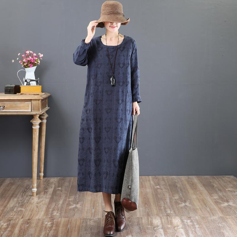boutique blue 2018 fall dress trendy plus size prints fall dresses Elegant o neck gown - Omychic
