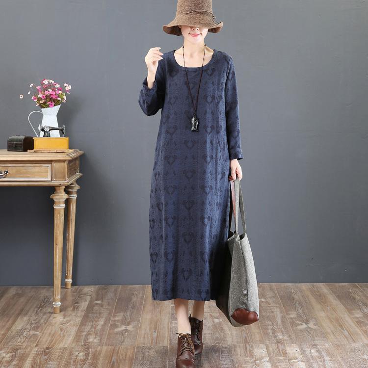 boutique blue 2018 fall dress trendy plus size prints fall dresses Elegant o neck gown - Omychic