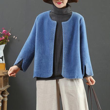 boutique blue o neck Woolen Coats Women plus size Jackets & Coats side open sleeve coats - Omychic