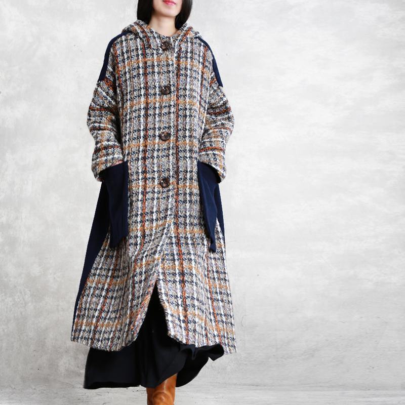 boutique blue plaid wool overcoat casual long winter patchwork hooded coat - Omychic
