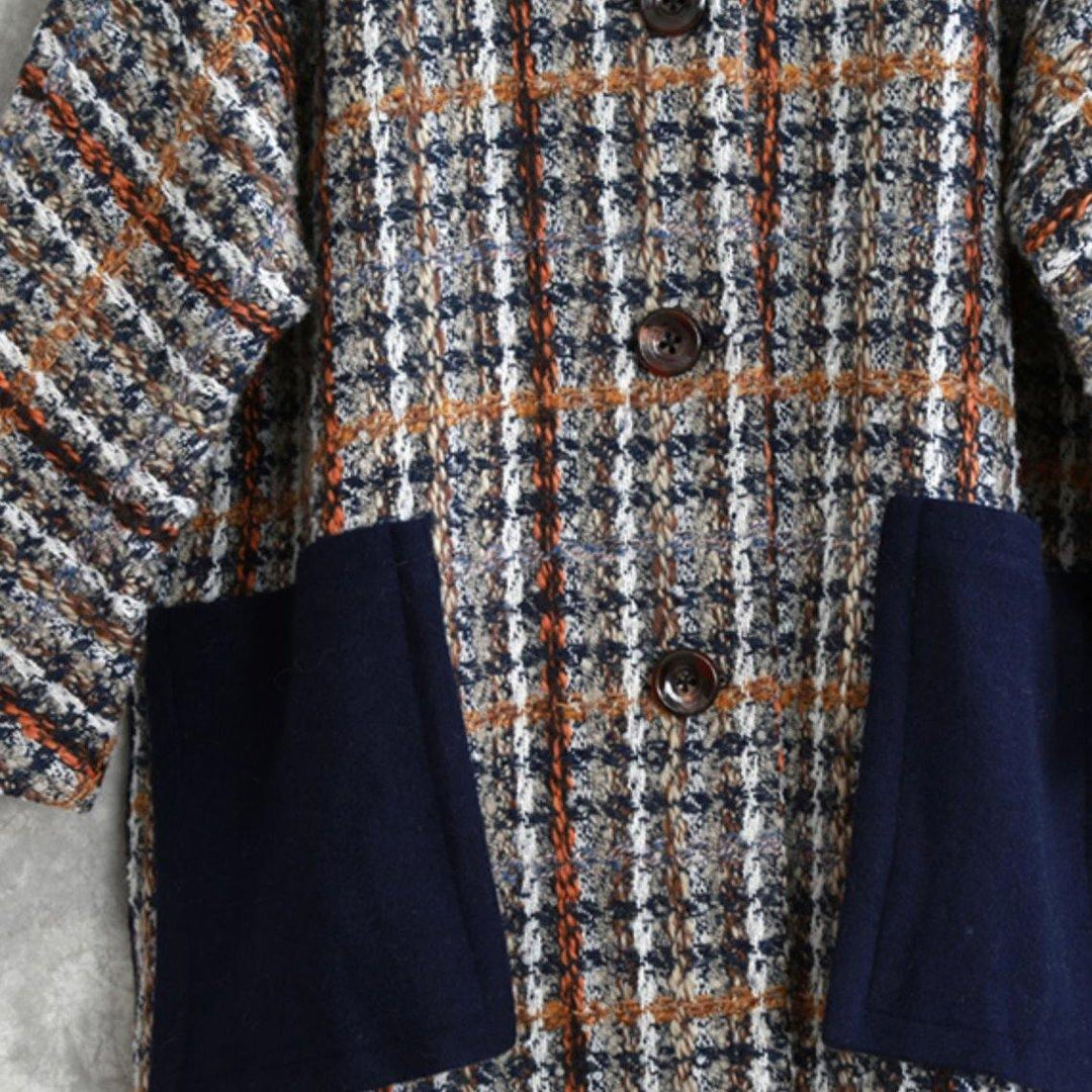 boutique blue plaid wool overcoat casual long winter patchwork hooded coat - Omychic