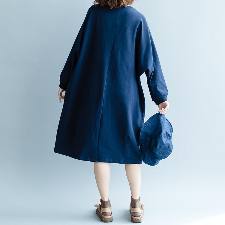 boutique blue print cotton dresses plus size traveling clothing long sleeve baggy dresses top quality O neck knee dresses - Omychic