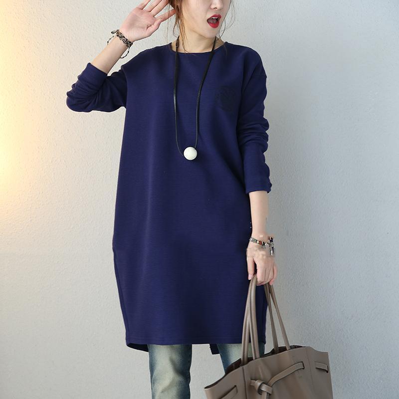 boutique blue winter sweater plus size clothing baggy dresses pullover women O neck long sleeve blouse - Omychic