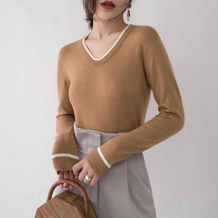 boutique brown knit sweaters oversized V neck pullover New slim side open fashion sweaters - Omychic