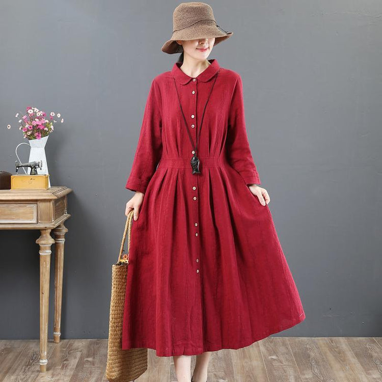 boutique burgundy linen maxi dress plus size lapel collar linen clothing dresses Fine tunic maxi dresses - Omychic