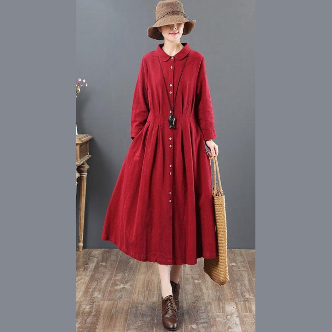 boutique burgundy linen maxi dress plus size lapel collar linen clothing dresses Fine tunic maxi dresses - Omychic