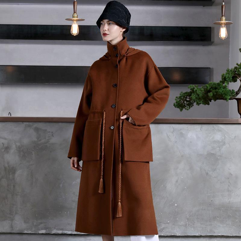 boutique chocolate Wool oversize Coats high neck side open outwear drawstring pockets long coats - Omychic