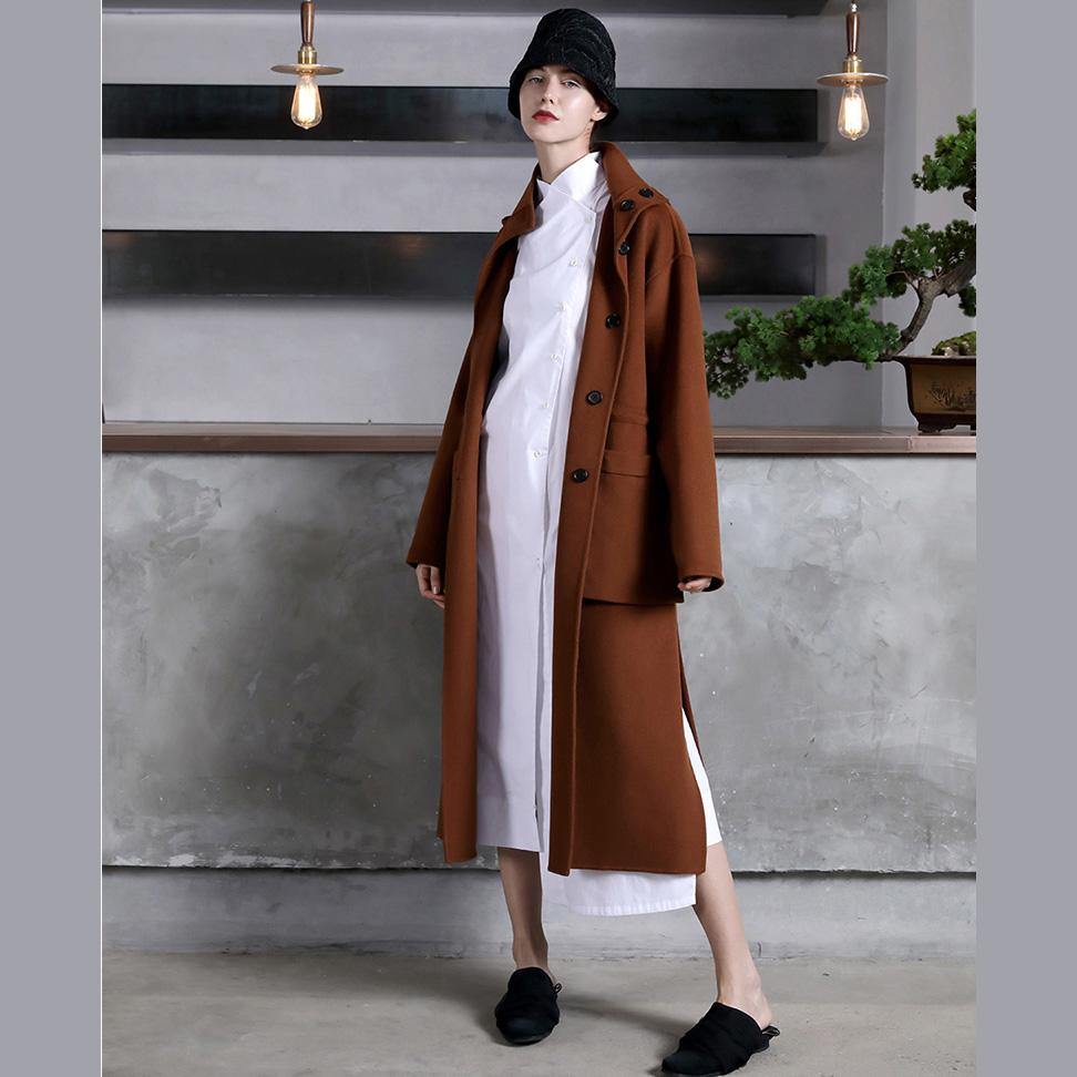 boutique chocolate Wool oversize Coats high neck side open outwear drawstring pockets long coats - Omychic
