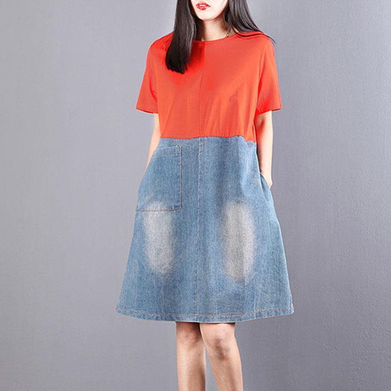 boutique cotton blended shift dress plus size Women Round Neck Short Sleeve Splicing Denim Dress - Omychic