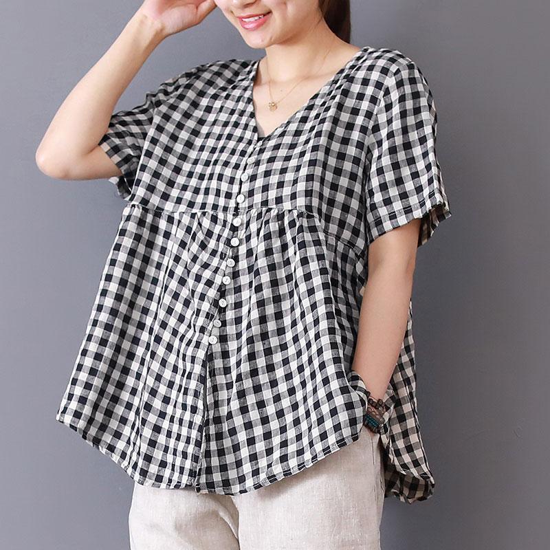 boutique cotton linen blouses trendy plus size Women Lattice Cotton Linen Short Sleeve V Neck Tops - Omychic