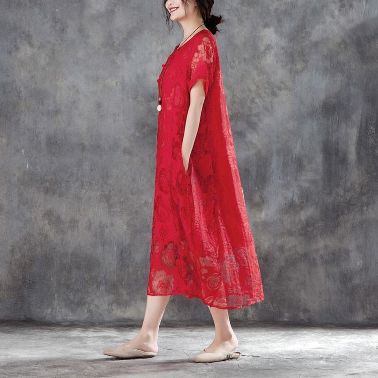 boutique cotton linen gown oversize Women Casual Short Sleeve Rose Pattern Red Dress - Omychic