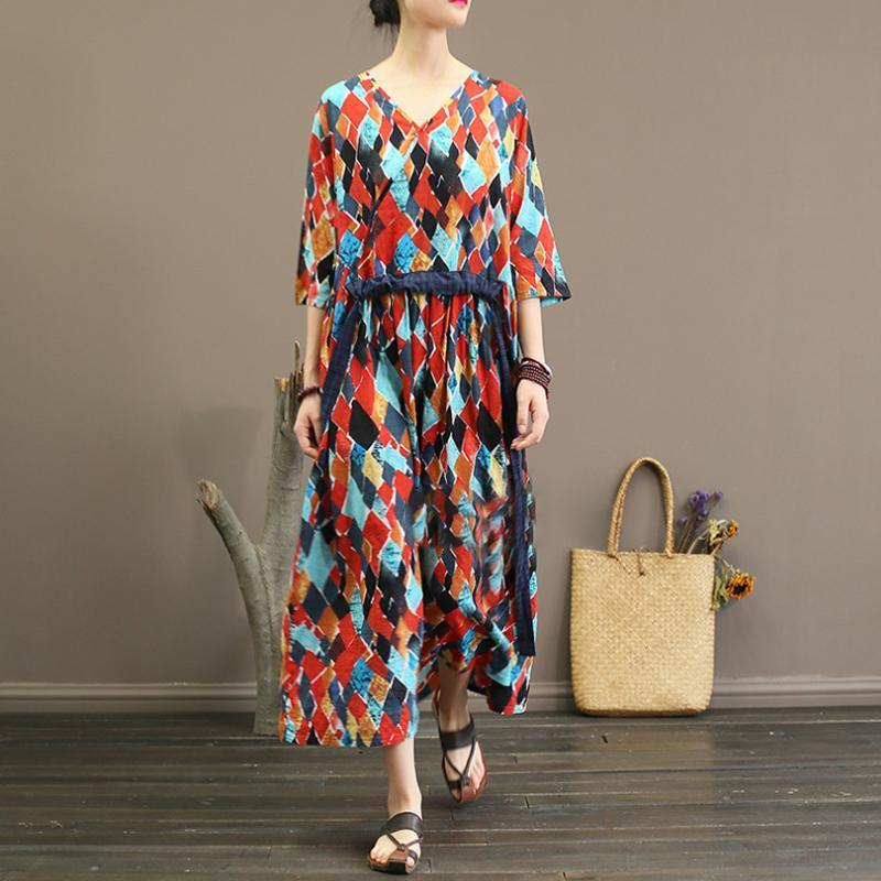 boutique cotton linen gown plus size clothing Short Sleeve V Neck Ethnic Plaid Cotton Linen Summer Dress - Omychic