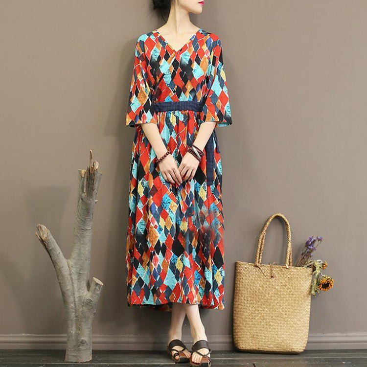 boutique cotton linen gown plus size clothing Short Sleeve V Neck Ethnic Plaid Cotton Linen Summer Dress - Omychic