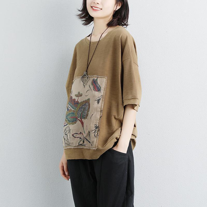boutique cotton tops plus size Women Casual Short Sleeve Stripe Flower Tops - Omychic