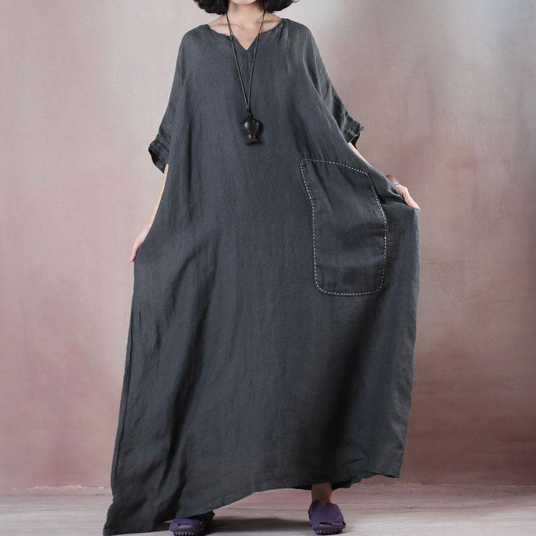 boutique dark gray cotton linen maxi dress oversize v neck pockets cotton linen gown  two pieces women half sleeve baggy dresses - Omychic