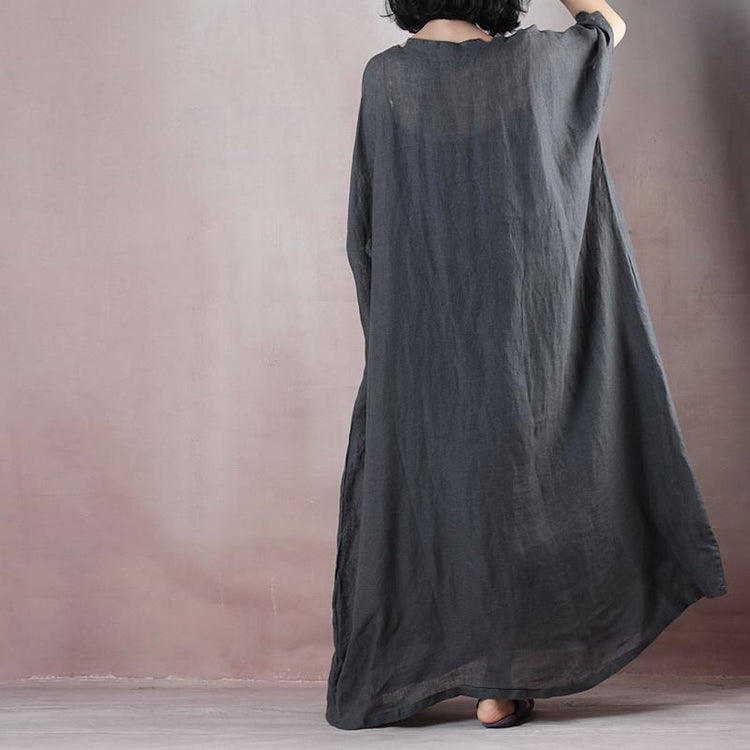 boutique dark gray cotton linen maxi dress oversize v neck pockets cotton linen gown  two pieces women half sleeve baggy dresses - Omychic