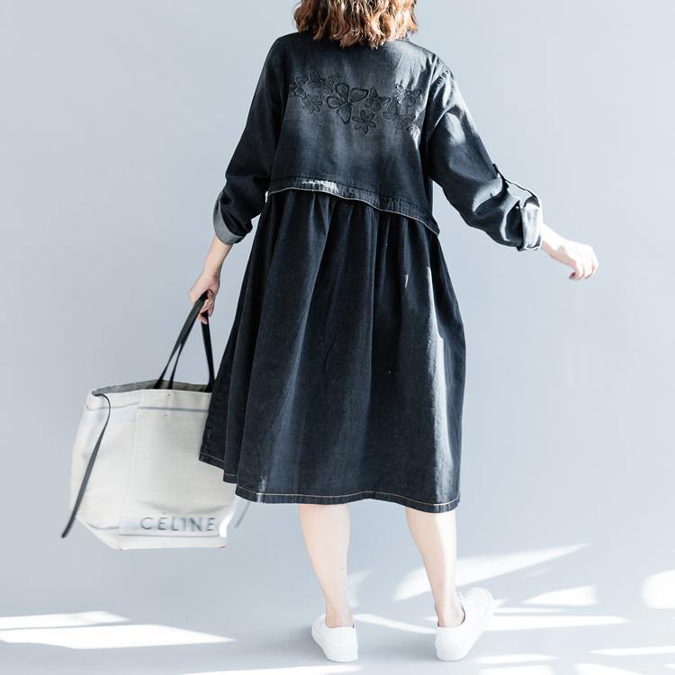 boutique denim black fall dress plus size clothing traveling dress embroidery 2018 stand collar dresses - Omychic