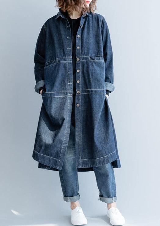 Boutique Denim Blue Coat Plus Size Patchwork Coats Fine Lapel Collar Long Coats - Omychic