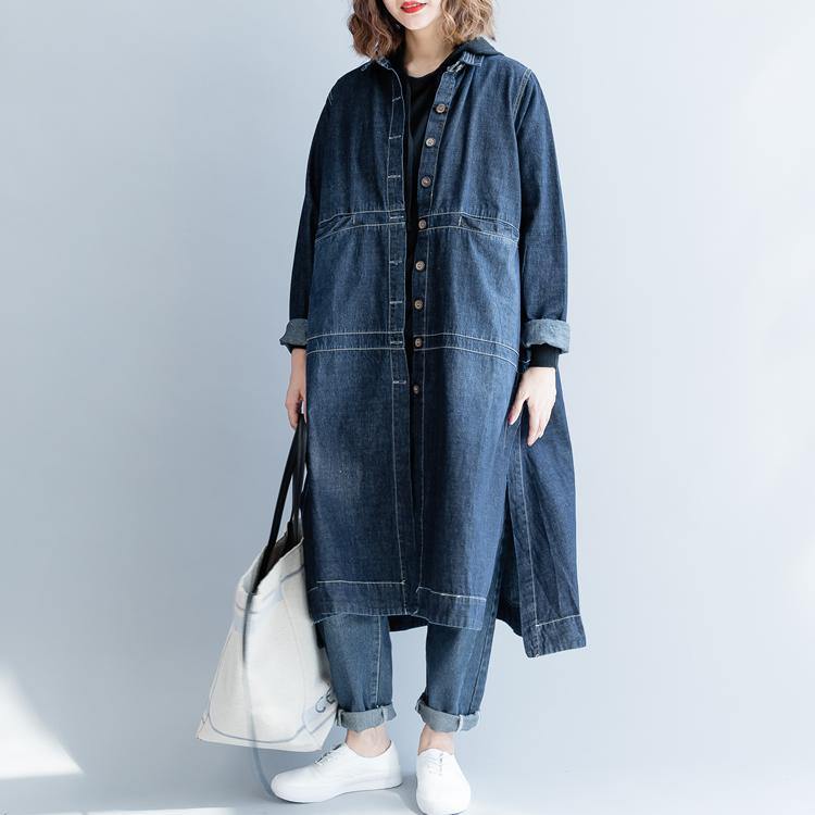 Boutique Denim Blue Coat Plus Size Patchwork Coats Fine Lapel Collar Long Coats - Omychic