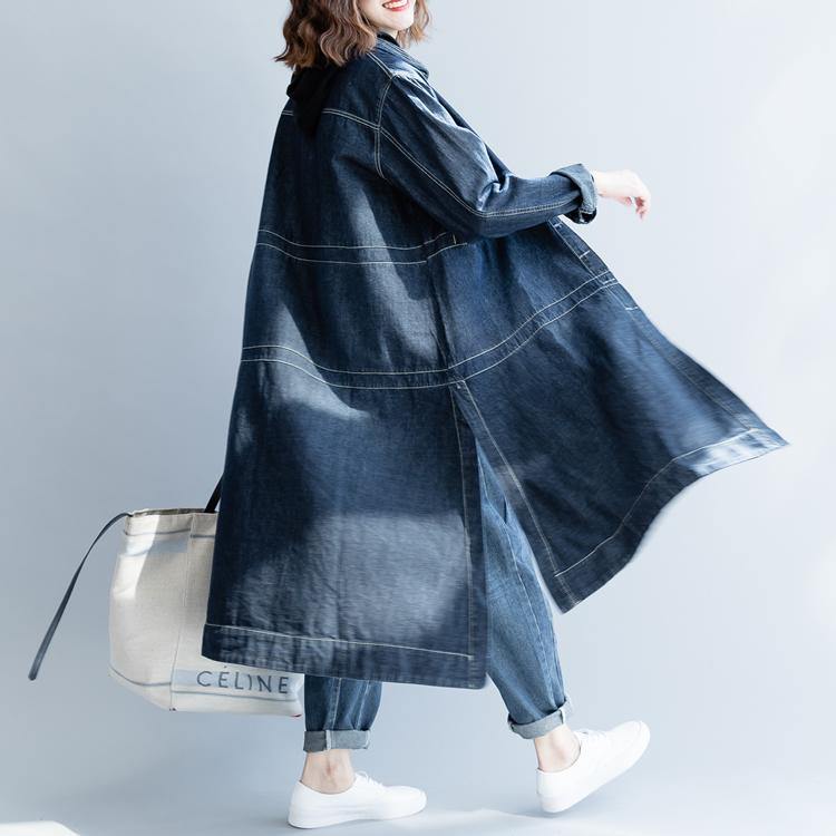 Boutique Denim Blue Coat Plus Size Patchwork Coats Fine Lapel Collar Long Coats - Omychic