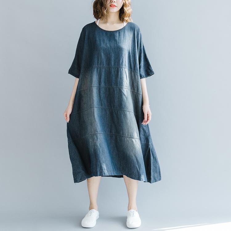 boutique denim blue dresses Loose fitting o neck baggy dresses traveling clothing vintage half sleeve patchwork dresses - Omychic