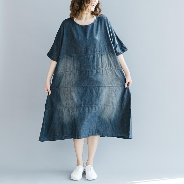 boutique denim blue dresses Loose fitting o neck baggy dresses traveling clothing vintage half sleeve patchwork dresses - Omychic