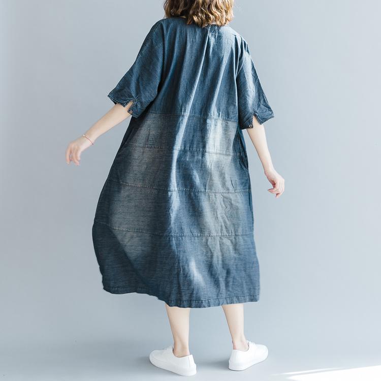 boutique denim blue dresses Loose fitting o neck baggy dresses traveling clothing vintage half sleeve patchwork dresses - Omychic