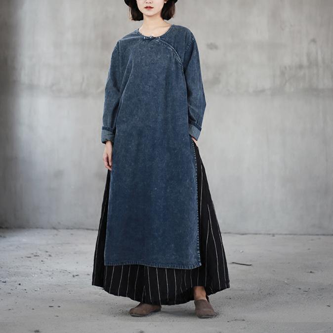 boutique denim blue natural cotton dress  oversize o neck traveling dress vintage side open caftans - Omychic